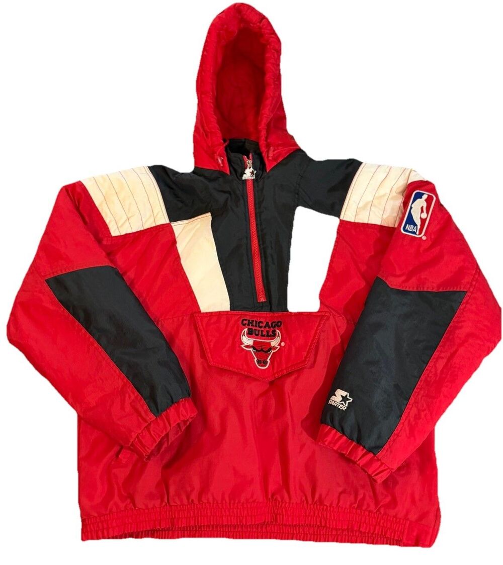Vintage 90s Starter Chicago Bulls 1/2 Zip Pullover Hooded Jacket Mens Large